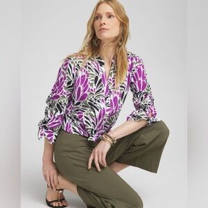 Chico’s Ruched Sleeve Tropical Floral Blouse in African Violet 2.5 14
